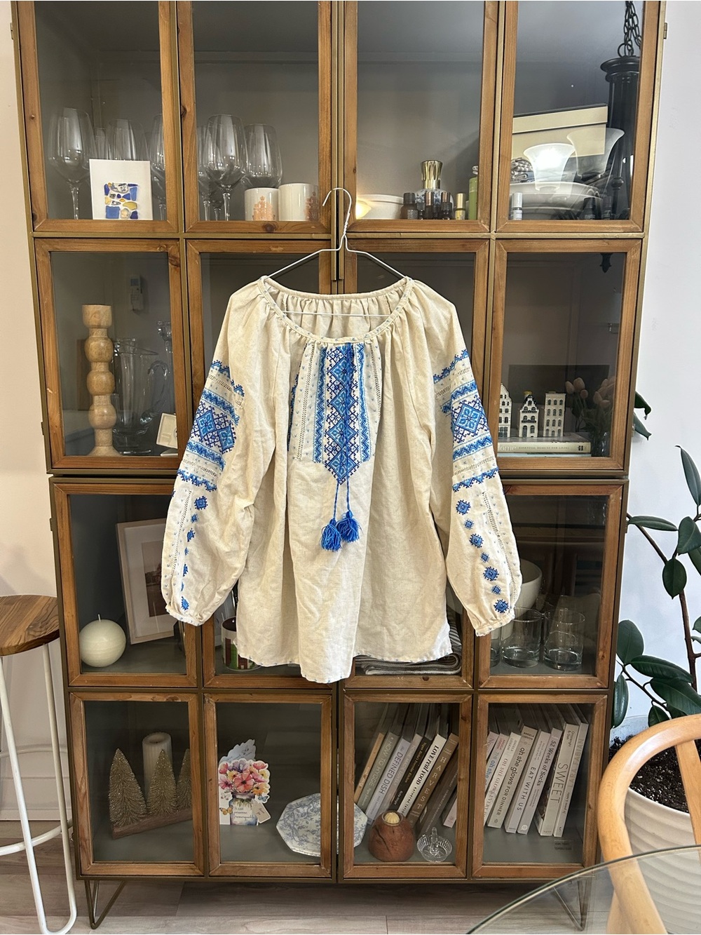 Boho Embroidered Cotton Blouse - Blue Embroidery
